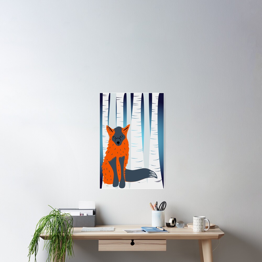 Melanistic Red Fox, Birch Trees Background Poster