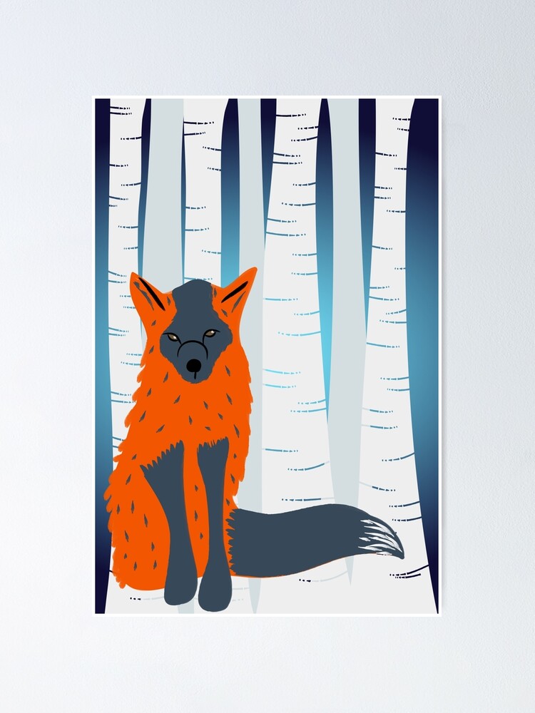 Alternate view of Melanistic Red Fox, Birch Trees Background Poster