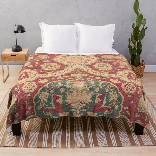 Item preview, Peonies Kashan I // 16th Century Distressed Colorful Red Tan Light Blue Ornate Accent Rug Pattern designed and sold by vintagepatterns.