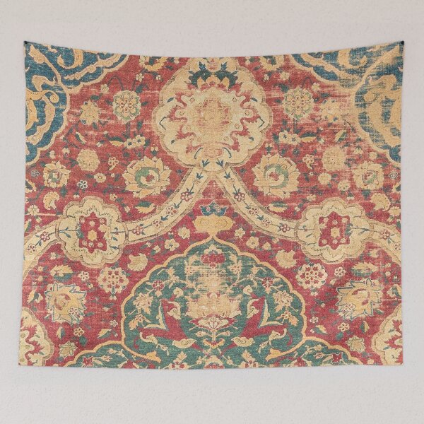 Item preview, Peonies Kashan I // 16th Century Distressed Colorful Red Tan Light Blue Ornate Accent Rug Pattern designed and sold by vintagepatterns.