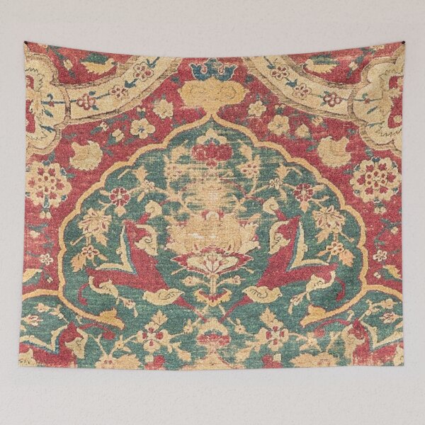 Item preview, Peonies Kashan II // 16th Century Distressed Colorful Red Tan Light Blue Ornate Accent Rug Pattern designed and sold by vintagepatterns.