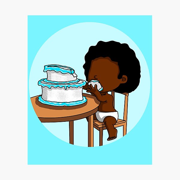 Cake Baby - Black Baby In Pampers Enjoying Birthday Cake Photographic Print