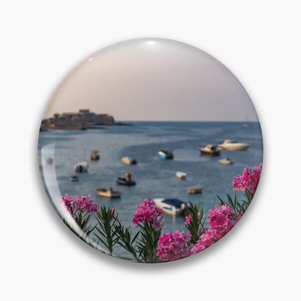 Item preview, Pink Nerium oleander flowers with Malta Bay in the background designed and sold by lena-maximova.