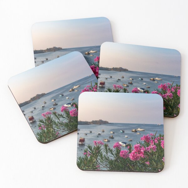 Item preview, Pink Nerium oleander flowers with Malta Bay in the background designed and sold by lena-maximova.