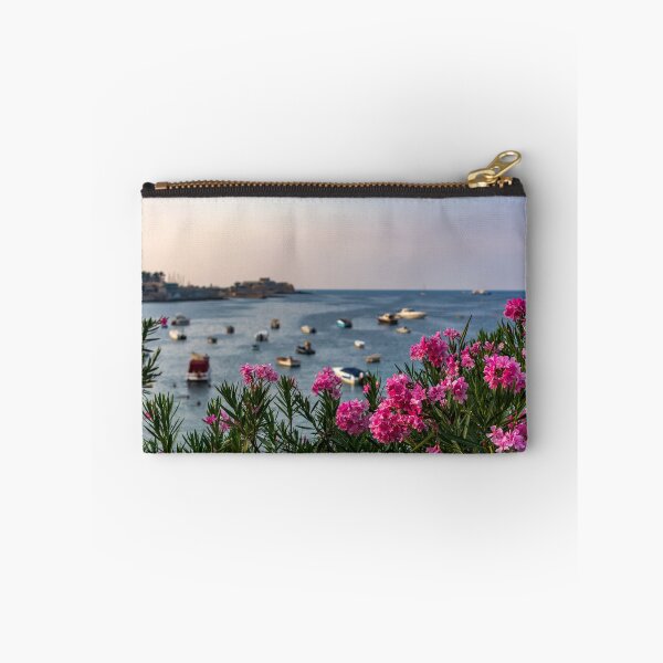 Item preview, Pink Nerium oleander flowers with Malta Bay in the background designed and sold by lena-maximova.