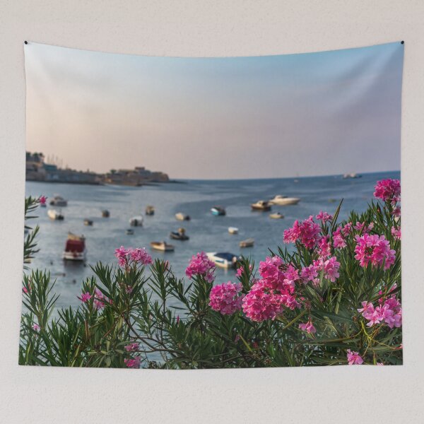 Item preview, Pink Nerium oleander flowers with Malta Bay in the background designed and sold by lena-maximova.