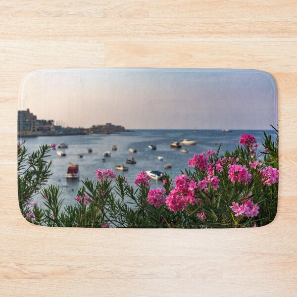 Item preview, Pink Nerium oleander flowers with Malta Bay in the background designed and sold by lena-maximova.