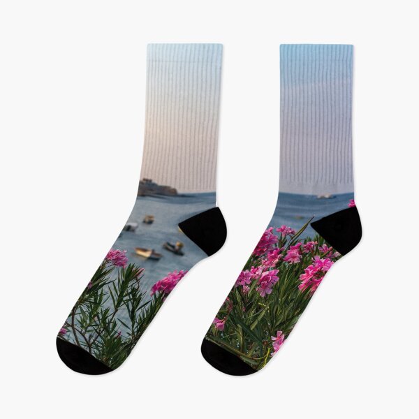 Item preview, Pink Nerium oleander flowers with Malta Bay in the background designed and sold by lena-maximova.