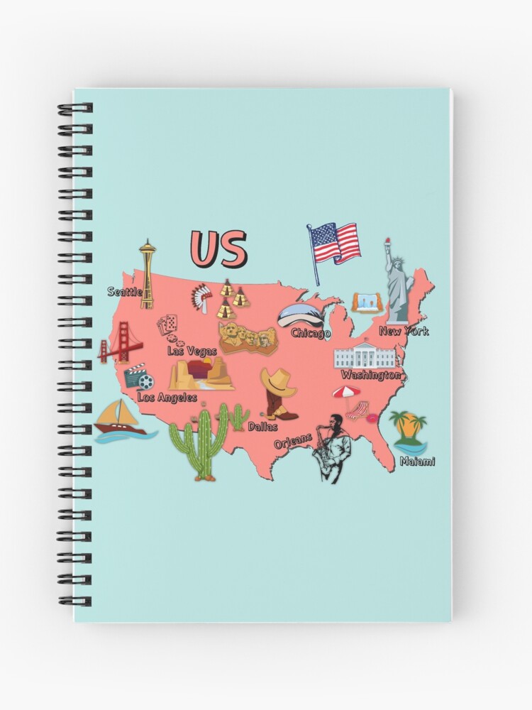 Cuaderno de espiral for Sale con la obra «Mapa de puntos de referencia de EE.  UU. Mapa de EE. UU. Con símbolos nacionales y puntos de referencia de Estados  Unidos América» de