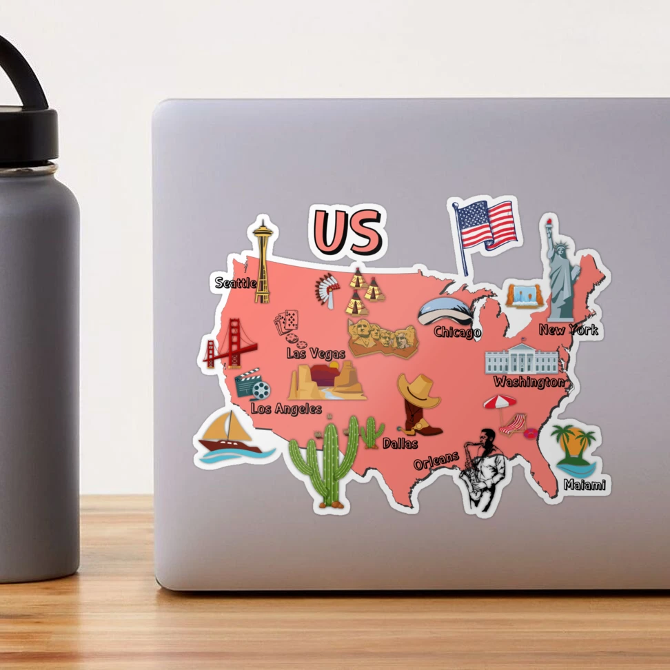 USA Landmarks Map US map with national symbols and landmarks of United  states America  Sticker for Sale by mashmosh