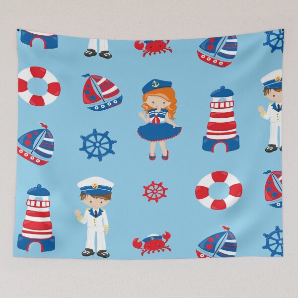 Artikelvorschau, Nautische Kinderkrabben schwimmt Boote und Leuchttürme auf blauem Hintergrund entworfen und verkauft von JupiterCyclops.