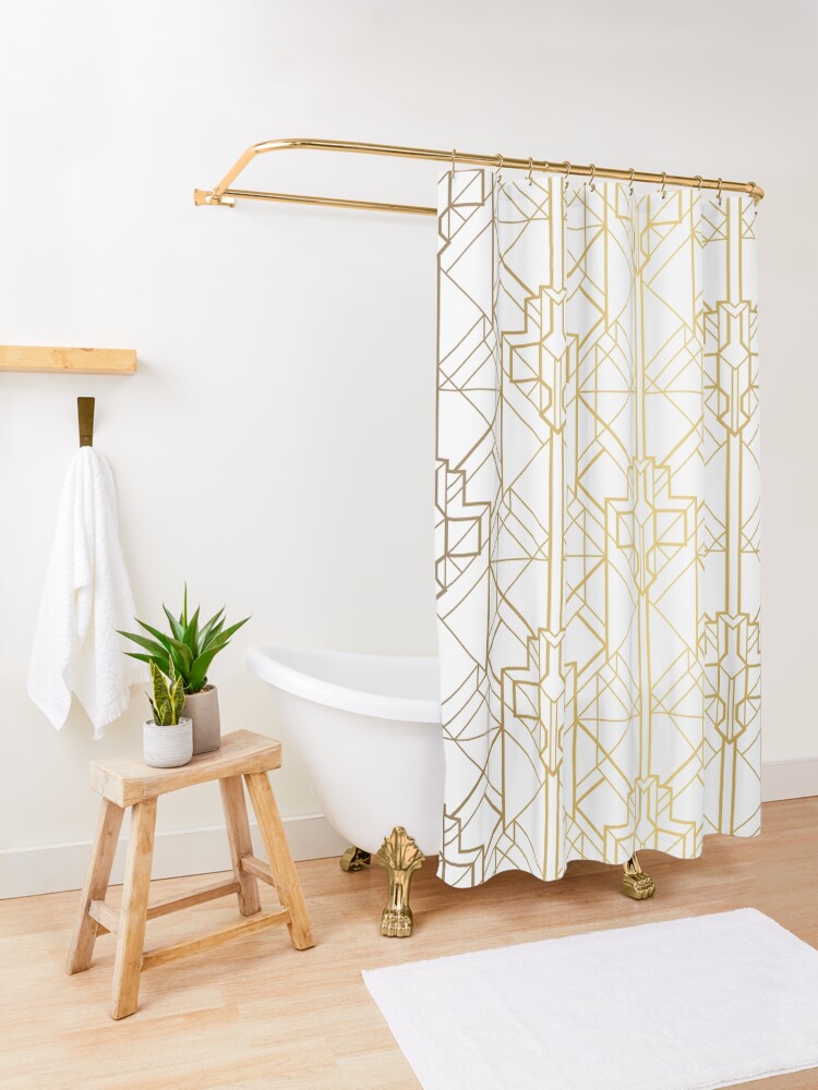 "White and Gold Vintage Art Deco Geometric Squares Pattern " Shower