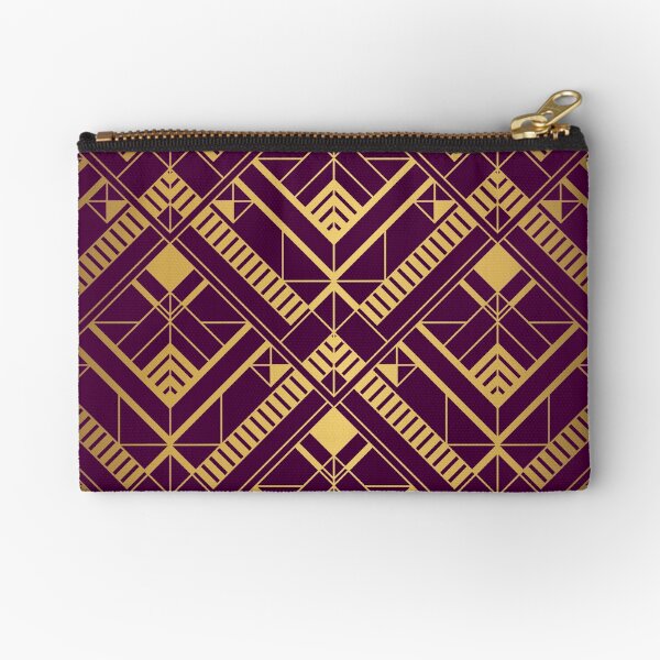 Thick Heavy Purple and Gold Vintage Art Deco Geometric Square Pattern Zipper Pouch