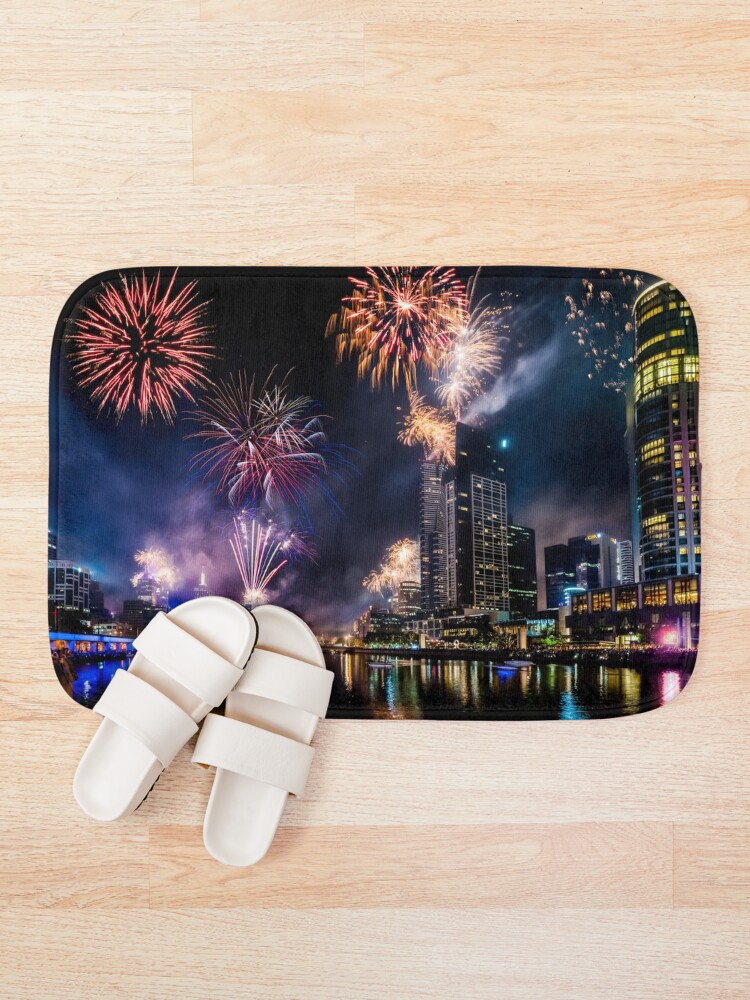 Alternate view of New Year Fireworks, Melbourne Australia Bath Mat