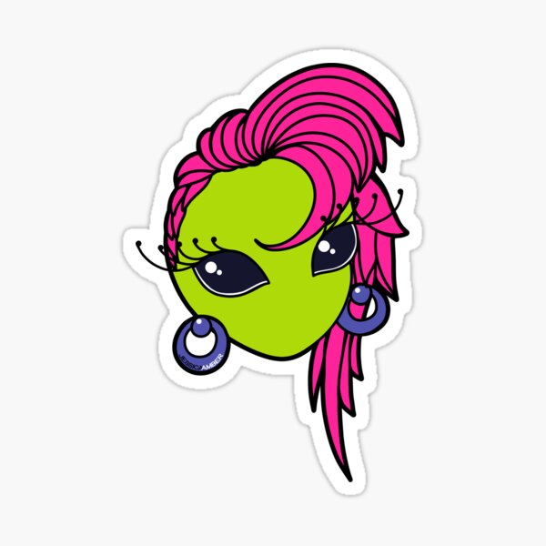 80s Alien Cute Pink Mohawk Female Alien Cartoon Neon Pink Green