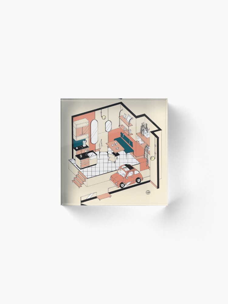 Aperçu 2 sur 5. Bloc acrylique avec l'œuvre Fiat 500 at home créée et vendue par LoicBrDesign.