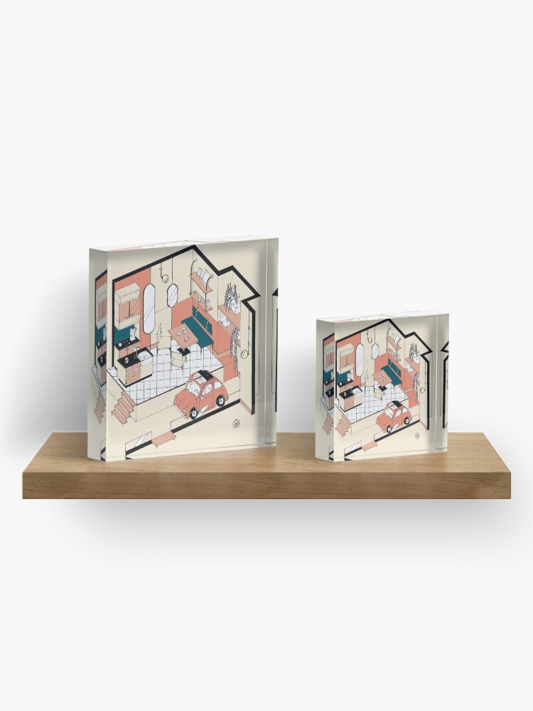 Aperçu 4 sur 5. Bloc acrylique avec l'œuvre Fiat 500 at home créée et vendue par LoicBrDesign.