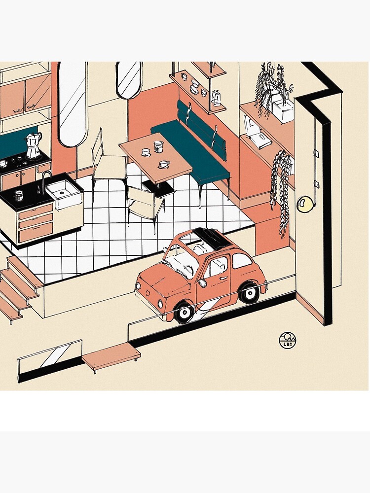 Aperçu 3 sur 3. Badge avec l'œuvre Fiat 500 at home créée et vendue par LoicBrDesign.