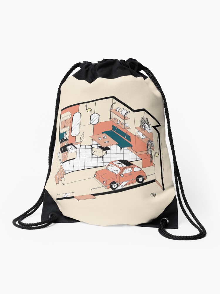 Aperçu 1 sur 3. Sac à cordon avec l'œuvre Fiat 500 at home créée et vendue par LoicBrDesign.