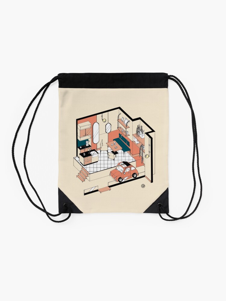 Aperçu 2 sur 3. Sac à cordon avec l'œuvre Fiat 500 at home créée et vendue par LoicBrDesign.