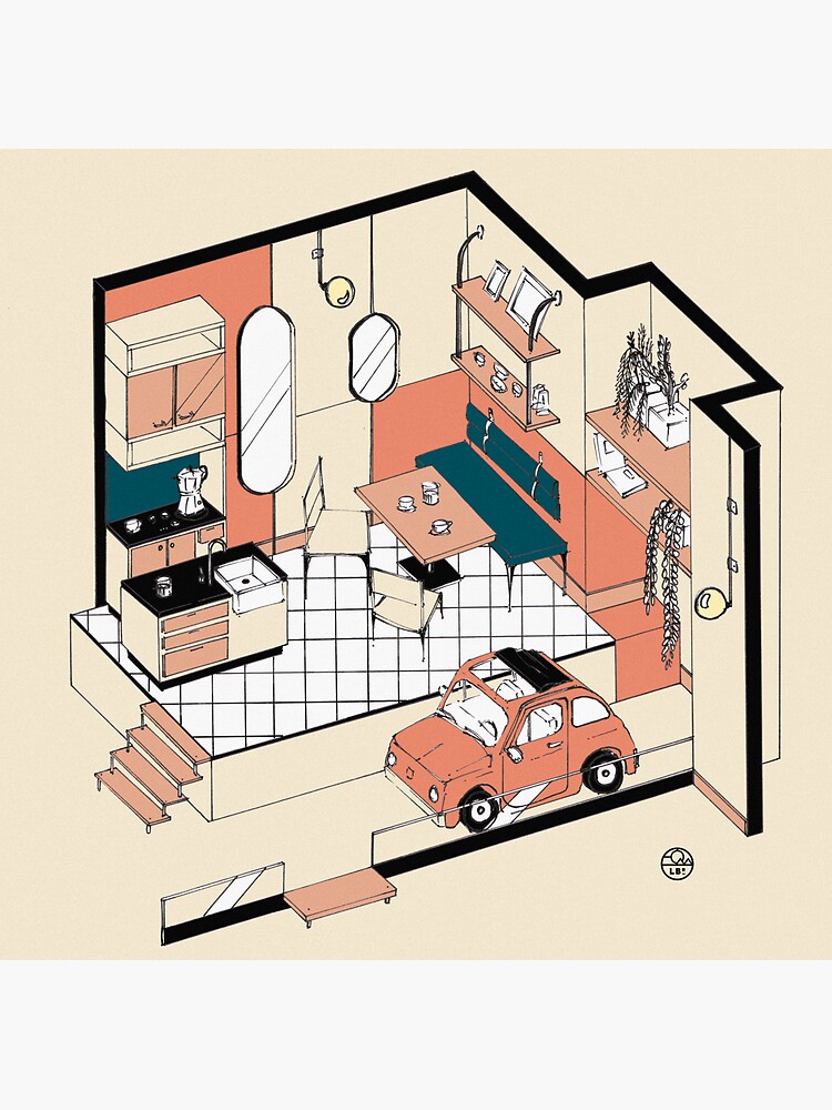 Aperçu 4 sur 4. Sticker avec l'œuvre Fiat 500 at home créée et vendue par LoicBrDesign.