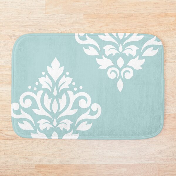 Scroll Damask Art I White on Duck Egg Blue Bath Mat