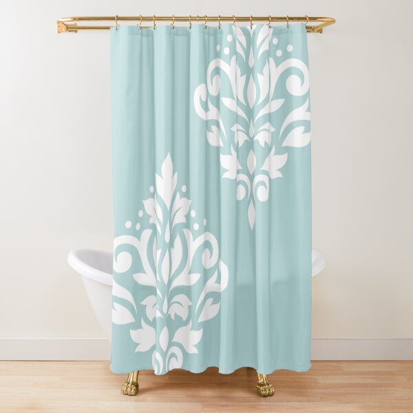 Scroll Damask Art I White on Duck Egg Blue Shower Curtain