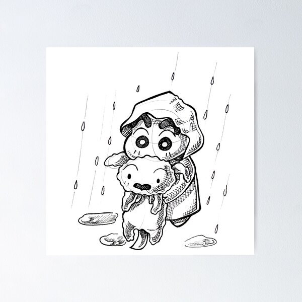 Item preview, chin chan and snowy in the rain, shin chan dog, shinnosuke nohara and his wet puppy, classic animated 90s drawing, animal love, cute snowball pet designed and sold by Mariuki Flow.