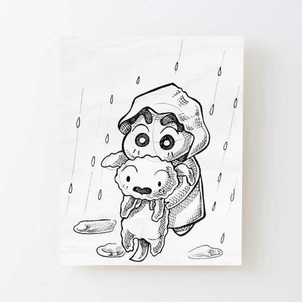 chin chan and snowy in the rain, shin chan dog, shinnosuke nohara and his  wet puppy, classic animated 90s drawing, animal love, cute snowball pet