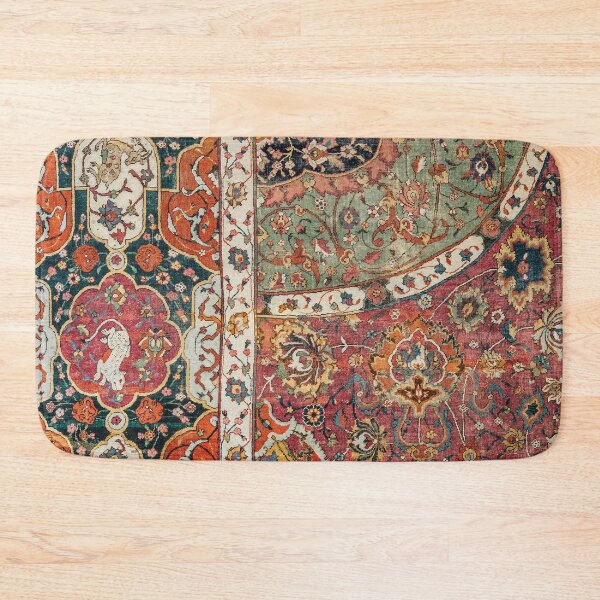 Persian Medallion Rug II // 16th Century Distressed Red Green Blue Flowery Colorful Ornate Pattern Bath Mat