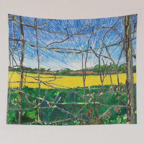 Item preview, Yellow field through a latticework of branches designed and sold by Catherine Holland.