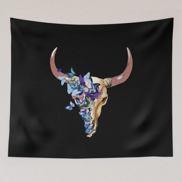 Item preview, cow Skull and Crown blue butterflies Watercolor  cute cool mask designed and sold by Collagedream.