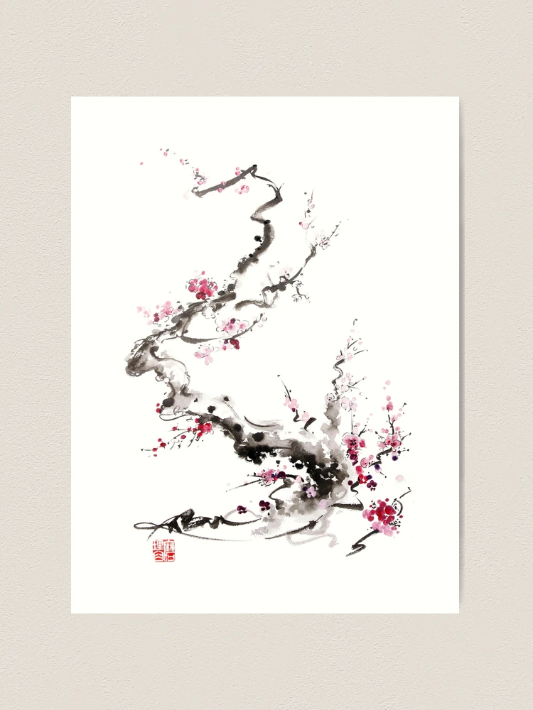 Sakura cherry blossom pink and red flowers tree watercolor original ink  painting | Art Print