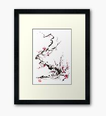 Sakura cherry blossom pink and red flowers tree watercolor original ink painting Framed Print