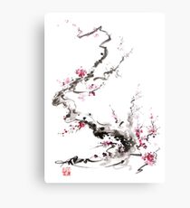 Sakura cherry blossom pink and red flowers tree watercolor original ink painting Metal Print