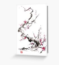 Sakura cherry blossom pink and red flowers tree watercolor original ink painting Greeting Card