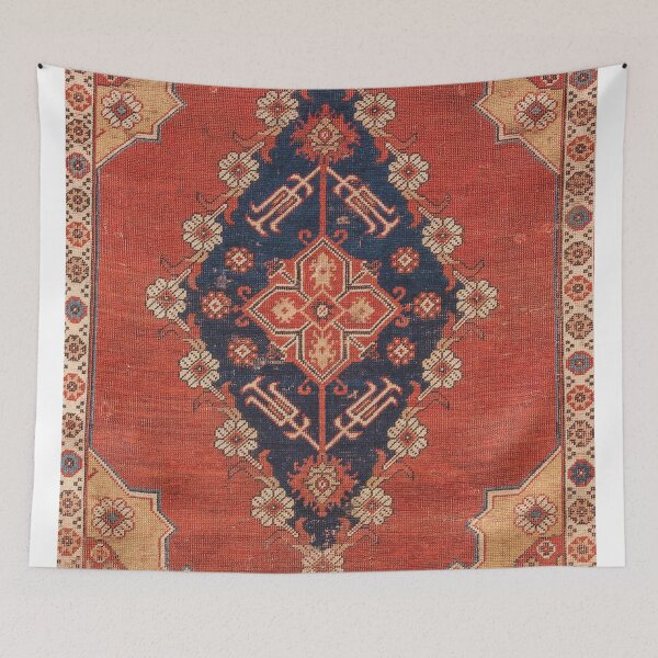 Item preview, Southwest Tuscan Shapes II // 18th Century Aged Dark Blue Redish Yellow Colorful Ornate Rug Pattern designed and sold by vintagepatterns.