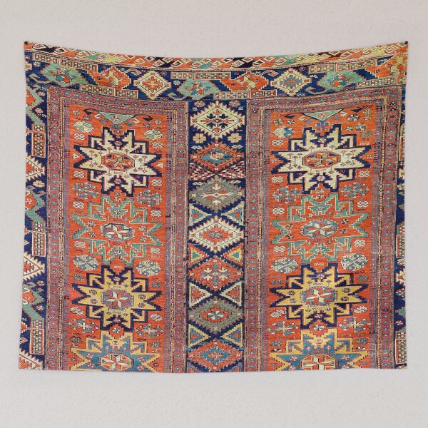 Item preview, Southwestern Farmhouse V // 19th Century Colorful Red Yellow Blue Green Aztec Farm Stars Rug designed and sold by vintagepatterns.