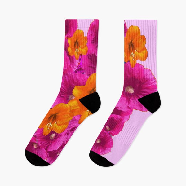 Item preview, FUCHSIA HOLLYHOCKS & ORANGE AMARYLLIS GARDEN ART designed and sold by sharlesart.