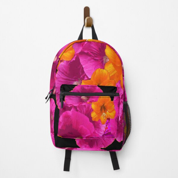 Item preview, FUCHSIA HOLLYHOCKS & ORANGE AMARYLLIS BLACK GARDEN BLACK ART designed and sold by sharlesart.