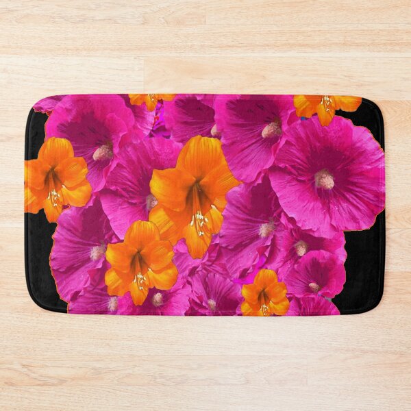 Item preview, FUCHSIA HOLLYHOCKS & ORANGE AMARYLLIS BLACK GARDEN  BLACK ART  designed and sold by sharlesart.