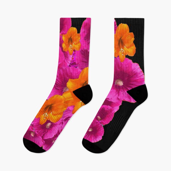 Item preview, FUCHSIA HOLLYHOCKS & ORANGE AMARYLLIS BLACK GARDEN  BLACK ART  designed and sold by sharlesart.