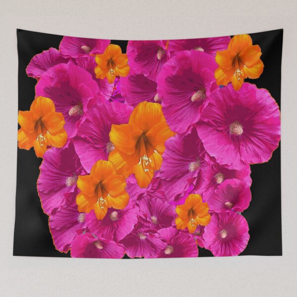 Item preview, FUCHSIA HOLLYHOCKS & ORANGE AMARYLLIS BLACK GARDEN  BLACK ART  designed and sold by sharlesart.
