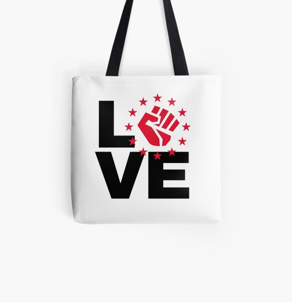 Love with black power fist - black and white All Over Print Tote Bag