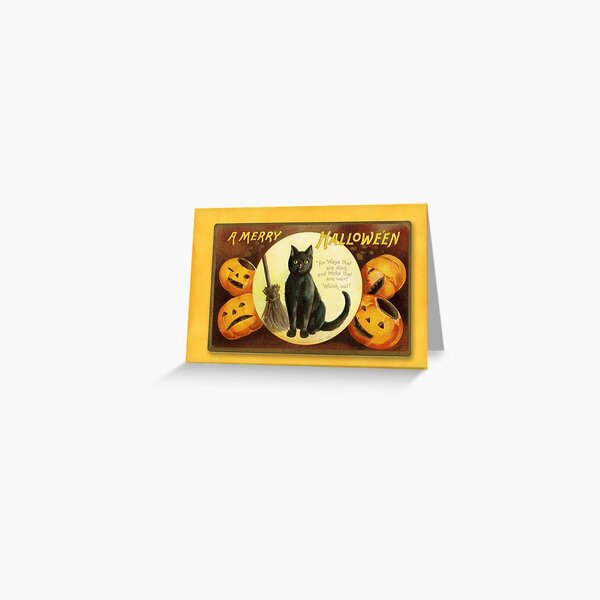 Vintage Halloween Black Cat Pumpkins Card Design Greeting Card