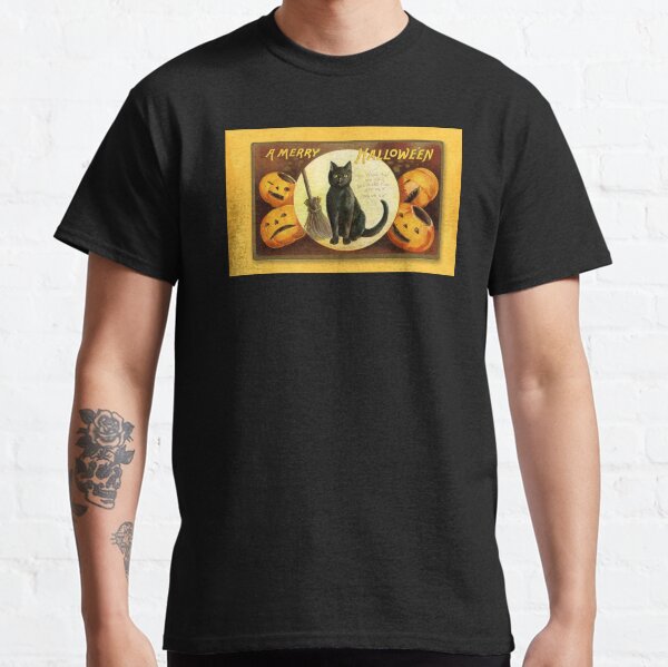 Vintage Halloween Black Cat Pumpkins Card Design Classic T-Shirt