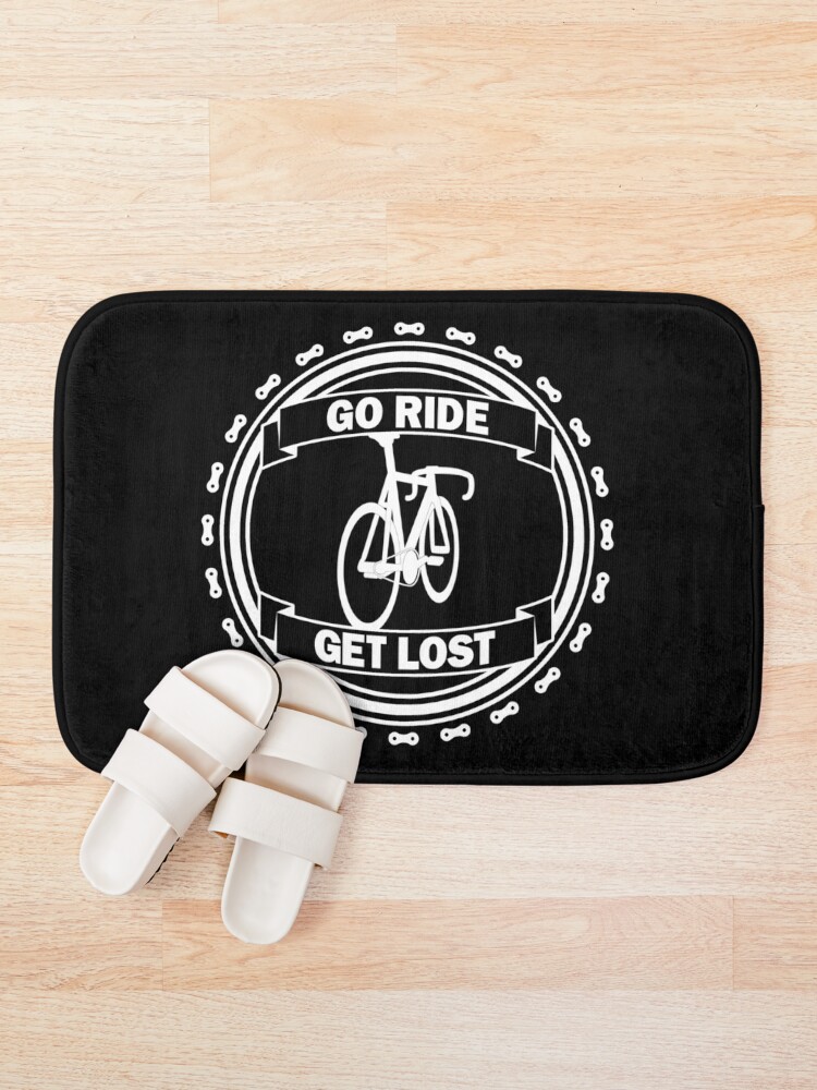 Thumbnail 1 of 6, Bath Mat, Go Ride Get Lost Bicycle Chain Logo White designed and sold by RabeDesigns.