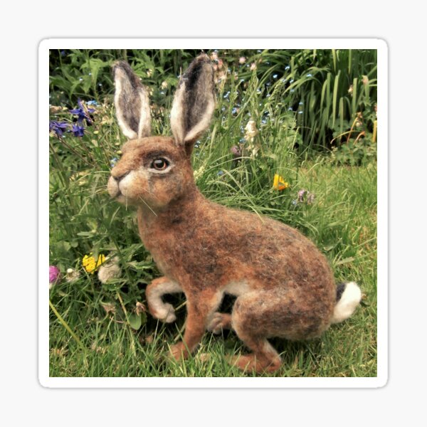 Hare in a flower meadow needle felt sculpture Sticker