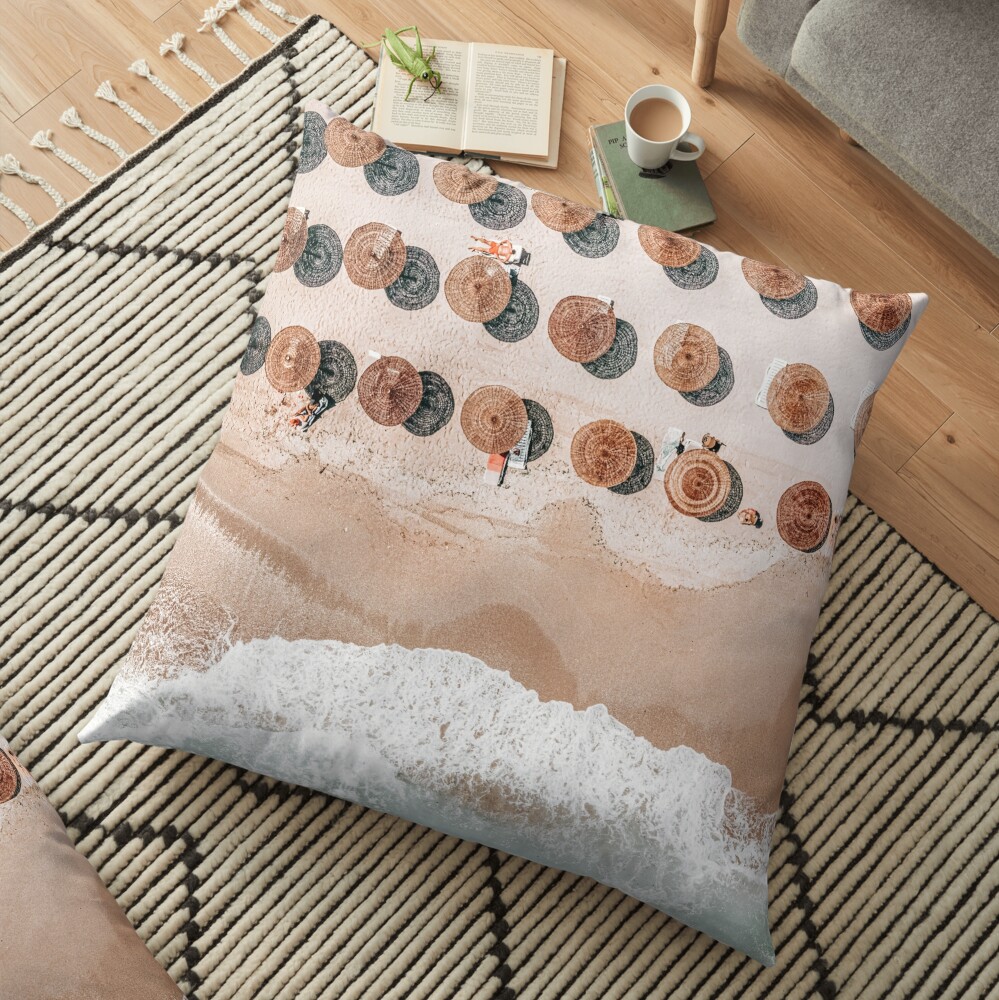 People On Beach, Aerial Drone Photography, Aerial Beach Sea, Ocean Wall Art Print, Summer Sea Vibes Art Print Floor Pillow