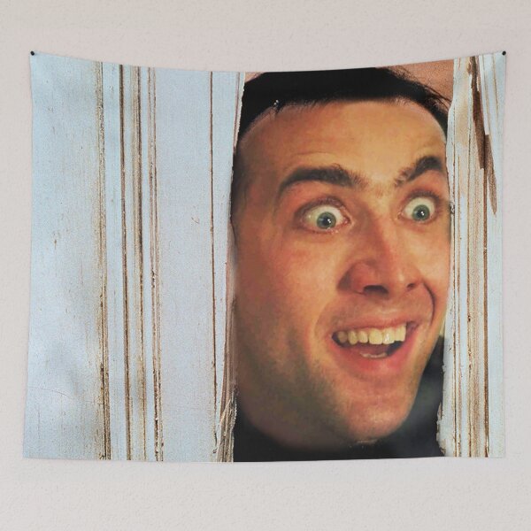 Item preview, Nicolas Cage, shining, here's Johnny scene, funny meme designed and sold by fkingrainbow.